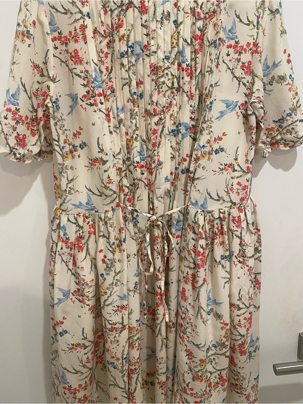 The Kooples Cream Floral Pleated Dress with Blue Bird Motif - Picture 7 of 9
